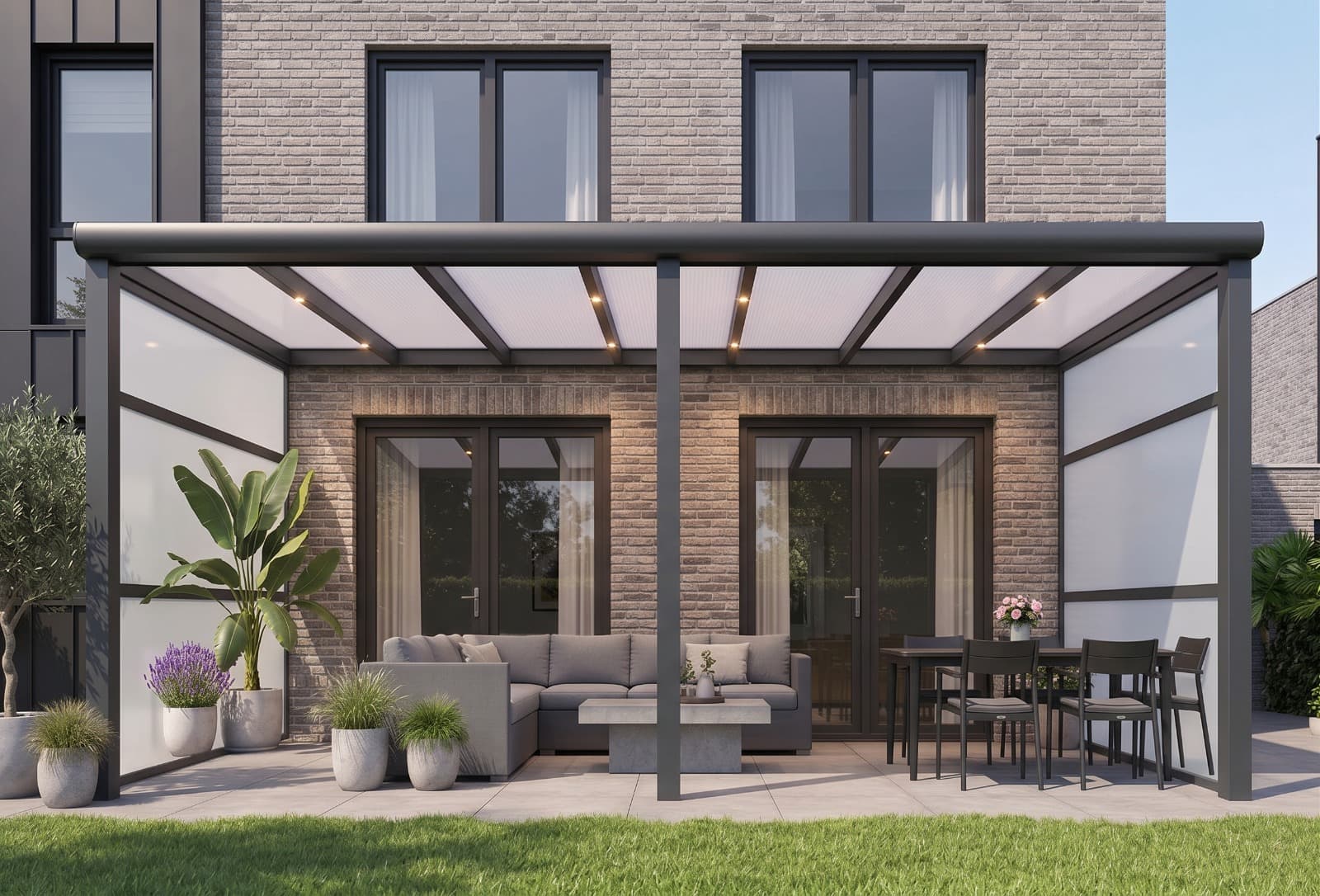 Complete Aluminium Veranda 400x350 Creme incl. Polycarbonaat dak en Aluminium schuifdeur