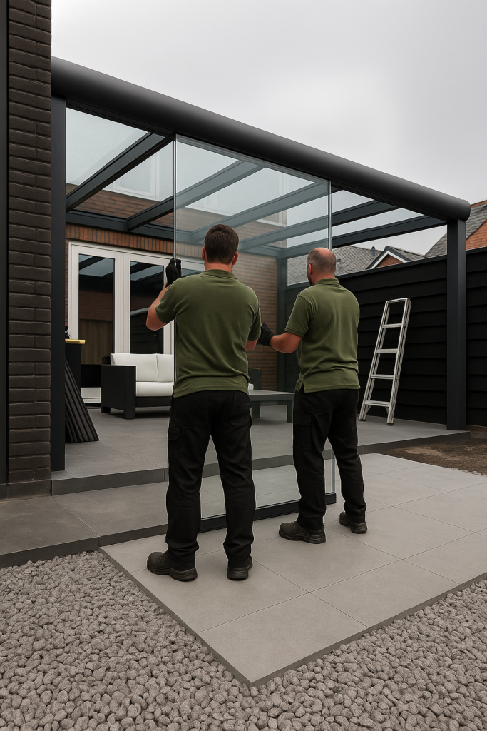 Werkmannen plaatsen glazen schuifwanden onder aluminium veranda in antraciet