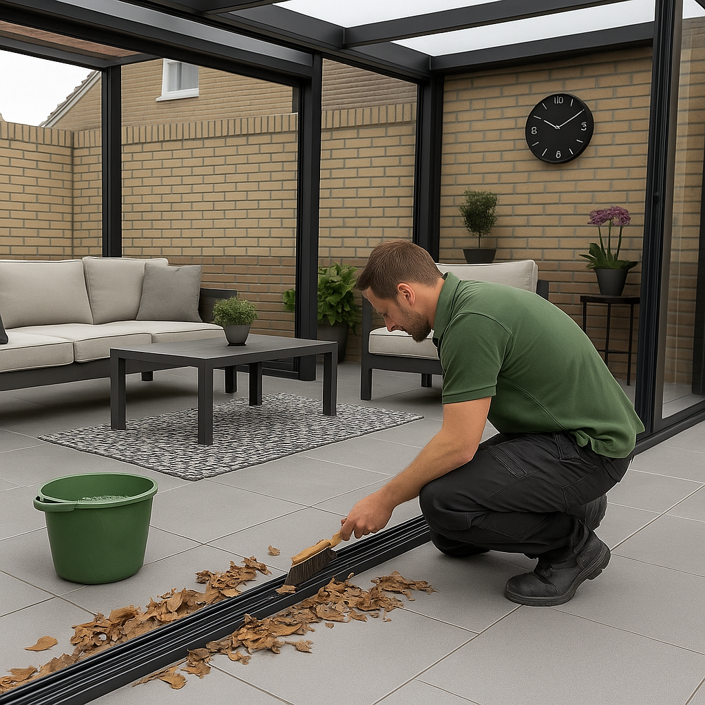 Zand en bladeren verwijderen uit de rails van een glazen schuifwand voor soepel glijden