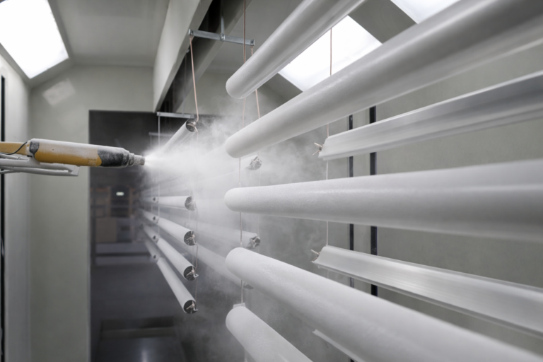 Poedercoaten van aluminium profielen voor een veranda in een poedercoatcabine, met spuitpistool en nevel van poedercoating.