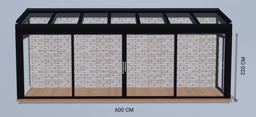 3D veranda configuratie met glazen schuifwanden en zichtbare afmetingen
