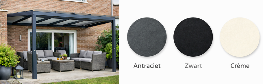 Overzicht van beschikbare veranda kleuren: antraciet RAL 7016, zwart RAL 9005 en crème RAL 9001