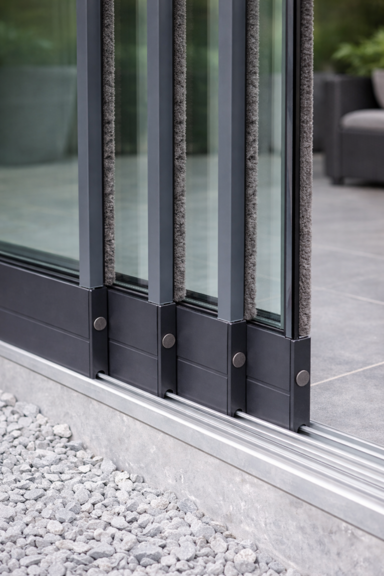 Verticale tochtstrip glazen schuifwand met borstelset gemonteerd om wind tussen glaspanelen te blokkeren.