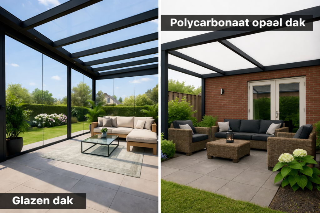 Het verschil in lichtinval tussen een overkapping glas of polycarbonaat dakbedekking.