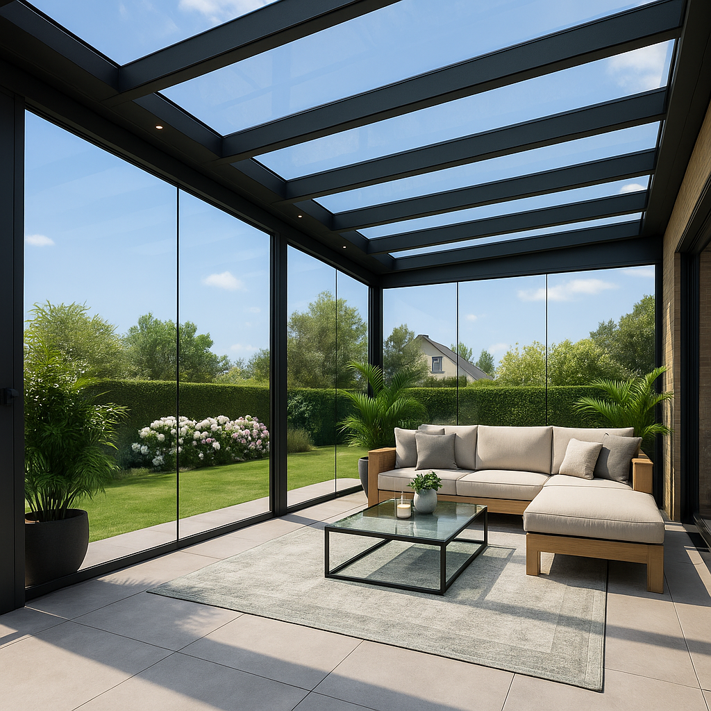 Een schone en heldere glazen schuifwand na een succesvolle schoonmaakbeurt.