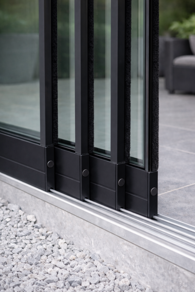 Tochtborstel met mat zwart profiel tussen glazen schuifpanelen op aluminium rail.