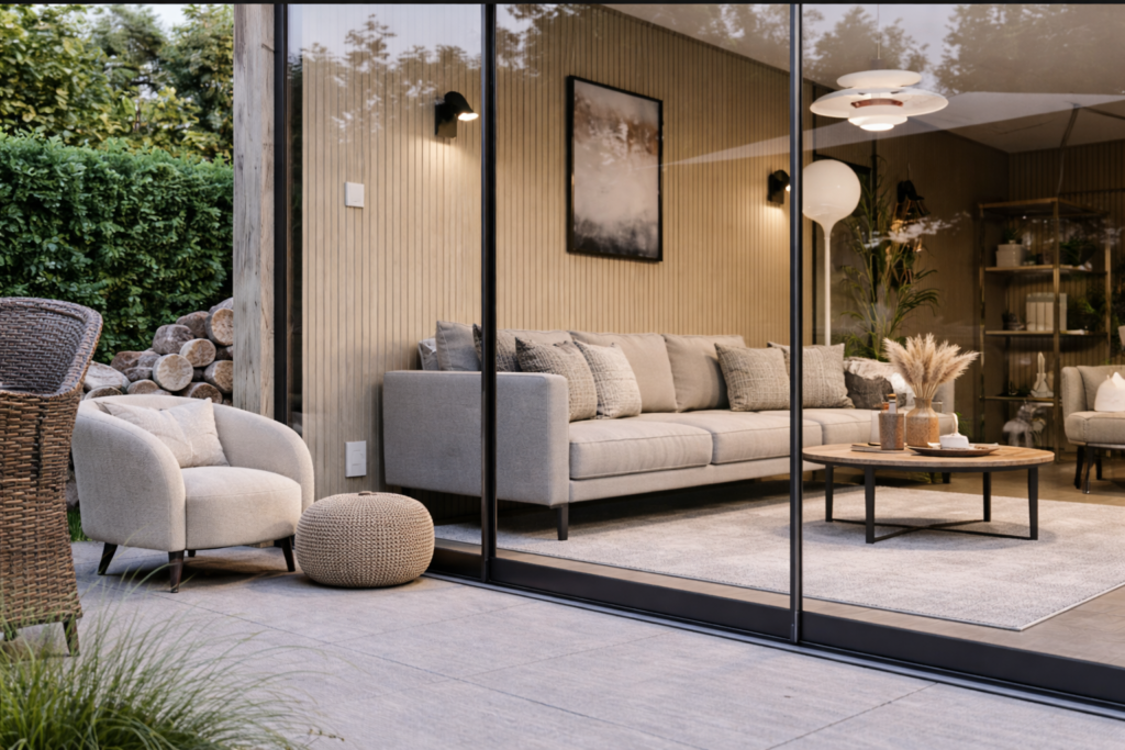 Totaalbeeld van een moderne veranda met glazen schuifwand en zwarte tochtstrips, ingericht met een lichte bank, fauteuil en ronde salontafel.