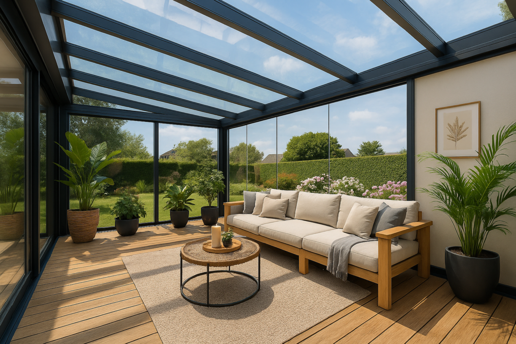 Volledig resultaat van een veranda dicht maken met glas, ingericht als loungeplek.