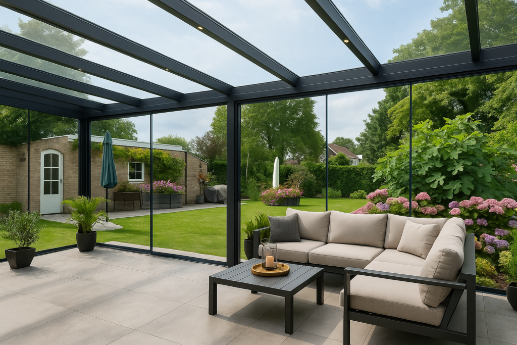 Moderne aluminium veranda; Description: Een strakke aluminium overkapping met glazen dak; Alt-text: aluminium veranda