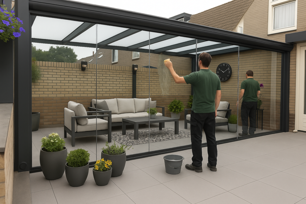 Handmatig een glazen schuifwand schoonmaken met een wisser voor een transparant resultaat.