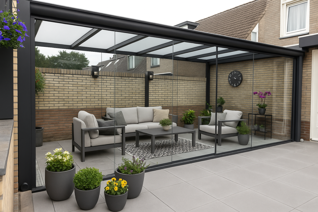 Een bestaande veranda dicht maken met behulp van glazen schuifwanden voor extra comfort.