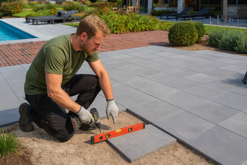 Vakman controleert fundering waar carport komt